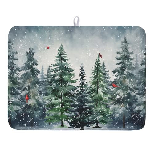Winter Dish Drying Mat for Kitchen Counter Winter Pine Tree Dish Drying Mat 18x24 Inch Red Bird Christmas Dish Draining Mat Absorbent Reversible Dish Pad Kitchen Accessories Table Protector