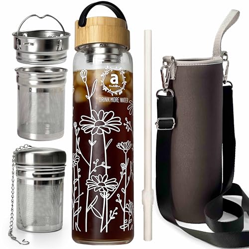 32oz Borosilicate Glass Water Bottle with Bamboo Lid and 2 Tea Infuser Sets for Fruit Infused Water and Cold Brew Coffee