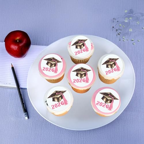 48Pcs Edible 2026 Graduation Cap Cupcake Toppers Wafer Paper Class of 2026 Grad Cap Cupcake Picks for 2026 Graduation Theme Party Cake Decorations Supplies Pink (48 Count)