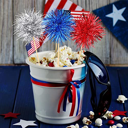 100 Pcs 4th of July Foil Firework Cupcake Toppers Sparkle Tinsel Cake Toppers Cake Decoration Cocktail Fruit Toothpick for Birthday Wedding Graduation Party