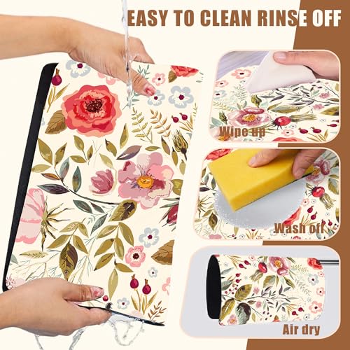 Vintage Flowers Coffee Mat Rose Berries Dish Drying Mat for Kitchen Counter Hide Stain Absorbent Rubber Backed Coffee Bar Accessories Fit Under Espresso Machine Dish Drainer