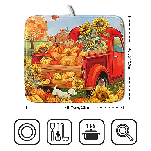 Autumn Pumpkin Red Truck Dish Drying Mat for Kitchen Counter