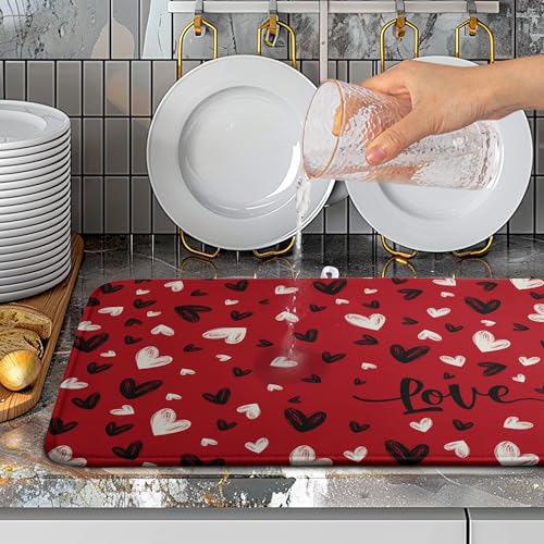 Valentines Day Dish Drying Mat Red Black Love Heart Valentine Kitchen Dish Drying Pad Absorbent Dish Dryer Mat for Kitchen Countertops Microfiber Dishes Drainer Pad Dish Drying Rack Mat