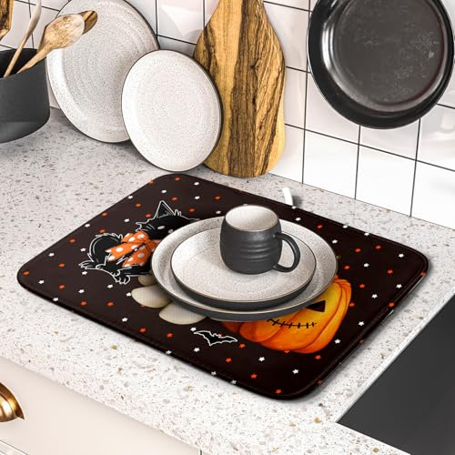 16"x18" Halloween Dish Drying Mat Spooky Pumpkin Ghost Black Cat Bats Kitchen Drainer Mats Holiday Gothic Reversible Microfiber Dish Drying Pad Small Size for Countertop Tabletop Decor