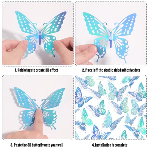 3D Butterfly Wall Decor 48 Pcs Laser Blue Butterfly Decorations (48 Count)