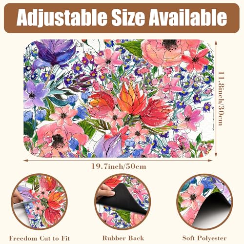 Dish Drying Mat Watercolor Colorful Floral Coffee Bar Mat for Countertop Absorbent Coffee Mat Rubber Backed Hide Stain Dish Drainer Rack Mat Coffee Maker Coffee Pot Dining Room Decor 11.8 x 19.7 Inch