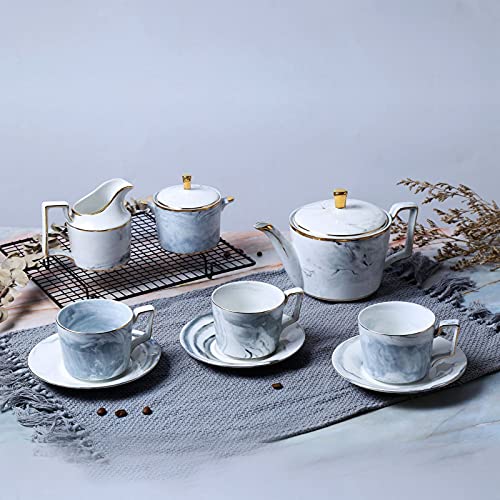 11Pcs Porcelain Tea Set for Adults Coffee Cup and Saucer Sets Gray Coffee Cups Set with Teapot Sugar Bowl