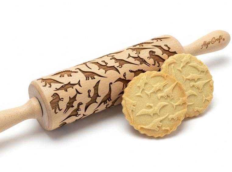 DINOSAURS EMBOSSING ROLLING PIN ENGRAVED with DINOSAURS for EMBOSSED COOKIES JURASSIC ANIMALS TYRANNOSAURUS REX