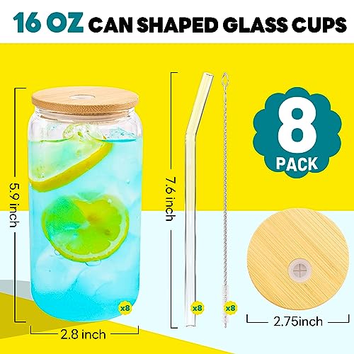 8pcs 16Oz Glass Cups with Bamboo Lids and Straws Drinking Glasses (8 Count)