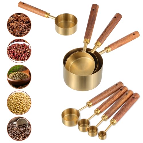 Stainless Steel Measuring Cups Set and Measuring Spoons Wooden Handle Metal Measure Cups and Spoons for Cooking and Baking