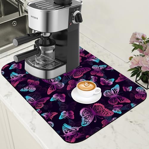 Dish Drying Mat Purple Butterflies Coffee Bar Mat for Countertop Absorbent Rubber Backed Hide Stain Dish Drainer Rack Pad Coffee Pot Espresso Machine Dining Room Decoration 11.8 x 19.7 Inch