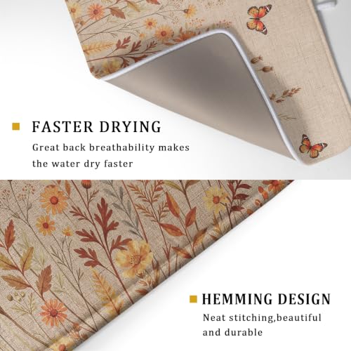 Rustic Fall Flowers Dish Drying Mat Retro Autumn Orange Floral Butterfly Dish Drainer Mats 18"x24" Microfiber Reversible Dish Drying Rack Pad Protector for Kitchen Countertop Decor
