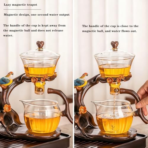 Lazy Kungfu Glass Tea Set Heat Resistant Semi Automatic Drip Rotating with Infuser Magnetic Teapot Set for Gongfu Tea Making Ideal