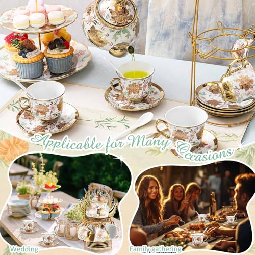 21 Pcs Porcelain Tea Set for Women Tea Party with Metal Holder and 3 Tier Cake Stand Ceramic European Floral Teapot Set for Adults Mother's Day Christmas Thoughtful Gift