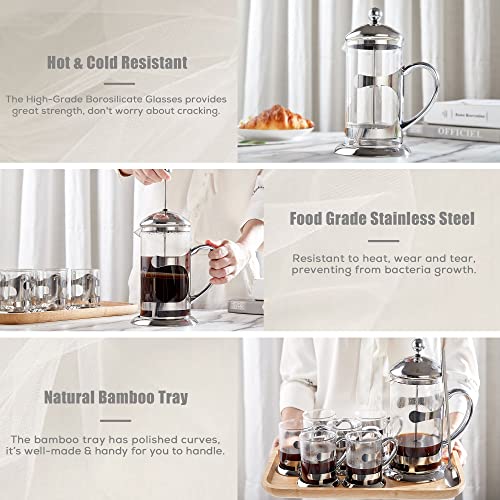 Silver French Press Set with 6 Cups & Tray