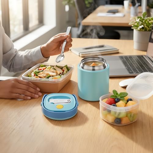 2-in-1 Thermos for Hot Food with Snack Box Container - 20oz Stainless Steel Insulated Food Container with Handle and Spoon, Leak Proof Bento Box Kids Adult for School Lunch Office, Blue