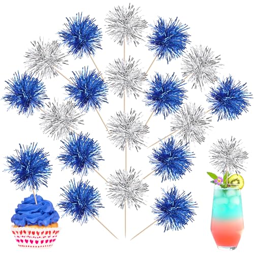 40 PCS Foil Firework Cupcake Toppers Sparkle Tinsel Cupcake Picks Fireworks Birthday Party Decorations Cocktail Fruit Toothpick for Birthday Wedding Graduation Party Decorations Supplies Silver Blue (40 Count)