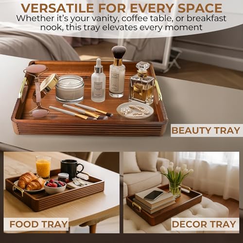 Acacia Wood Serving Tray with Metal Handle