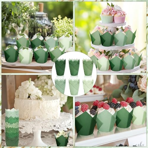 180Pcs Sage Green Tulip Cupcake Liners Gradient Green Muffin Baking Cups Cupcake Wrappers for Wedding Bridal Shower Spring Holiday Party Supplies (180 Count)