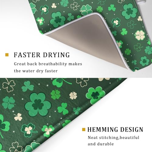 Happy St. Patrick's Day Dish Drying Mat for Kitchen Green Lucky Shamrock Clover Dish Drying Mat for Dishes Spring Irish Drying Mats 18x24 Inch Absorbent Reversible Dish Pad for Countertop Coffee Bar
