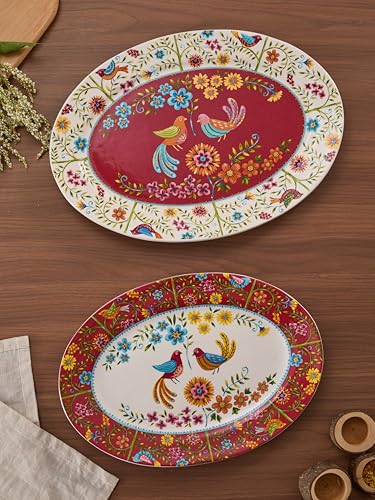 Red Spring Bird 16 plus 14 inch Oval Platters Set (2 Count)