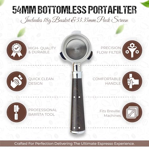 54mm Bottomless Portafilter for Breville Espresso Machines with 18g Filter Basket & 53.35mm Espresso Puck Screen