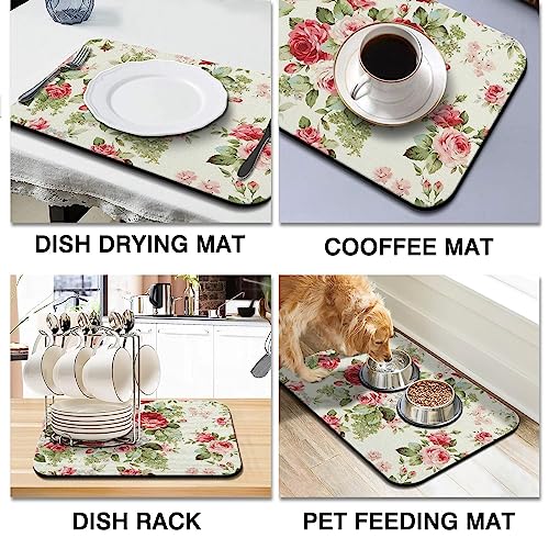 Rubber Dish Drying Mat for Kitchen Counter Large Red Roses Floral Washable Quick Home Coffee Pad Fit Under Sink