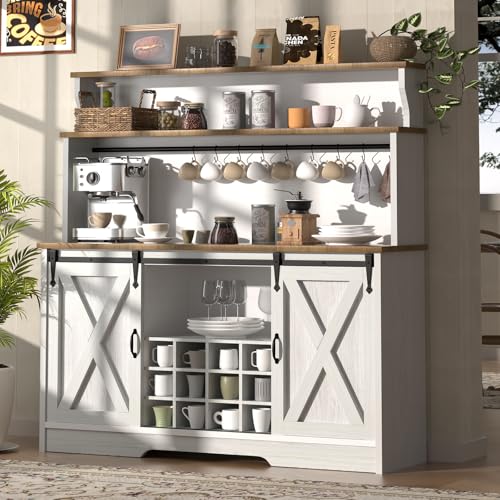 55'' Farmhouse Coffee Bar Cabinet with 3 Tier Storage Hutch
