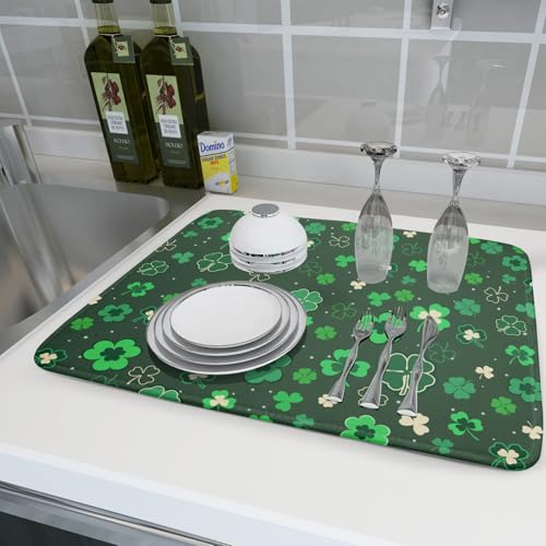 Happy St. Patrick's Day Dish Drying Mat for Kitchen Green Lucky Shamrock Clover Dish Drying Mat for Dishes Spring Irish Drying Mats 18x24 Inch Absorbent Reversible Dish Pad for Countertop Coffee Bar