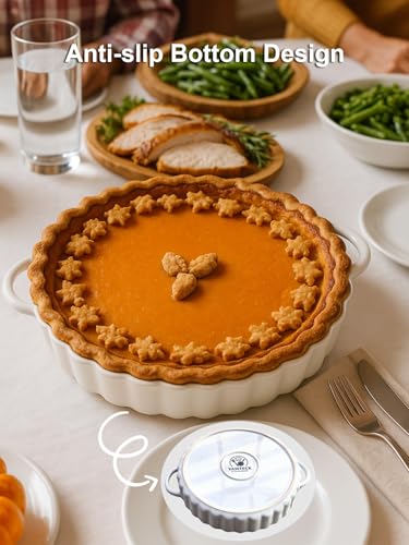 10×2in Deep Ceramic Pie Pan with Handles for Pie Quiche Tart Baking. Easy to grip