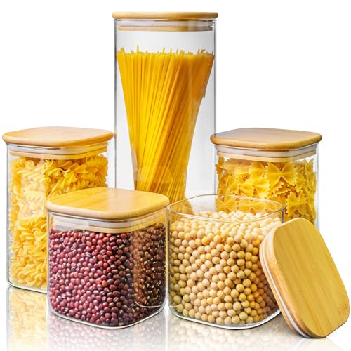 Square Glass Storage Containers with Bamboo Lids for Pasta & Flour (5 Count)