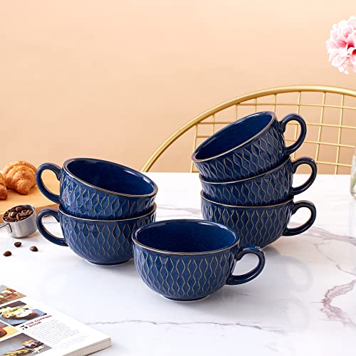 Set of 6 Cups Vintage Design 12 oz Professional Barista Ceramic Latte Art Cappuccino Cups Set (6 Count)