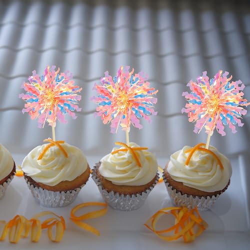30Pcs Foil Firework Cupcake Toppers Happy Birthday Cake Toppers Tinsel Flower Drink Stirrers Cocktail Food Fruit Toothpicks for Valentine's Day Party Decorations Orange (30 Count)