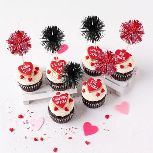 30Pcs Foil Firework Cupcake Toppers Party Birthday Cake Toppers Supplies Sparkle Tinsel Cocktail Fruit Toothpick for Birthday Wedding Graduation Party Supplies Black Red (30 Count)