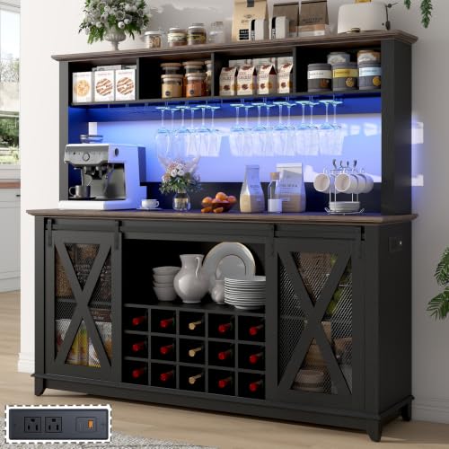 63"Wide 58"H Farmhouse Coffee Bar Cabinet with Power Outlet and LED Light