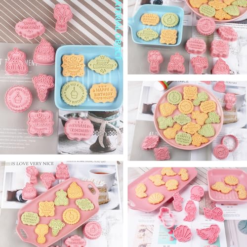 8PCS Happy Birthday Cookie Cutter Sets 3D Plastic Cookie Cutters with Plunger Stamps Pressable Biscuit Mold Cookie Molds Cake Baking Fondant Cutter Birthday Party DIY Cookie Decorating Supplies (8 Count)