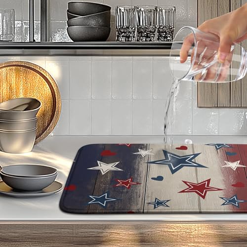 Patriotic Stars Dish Drying Mats 4th of July Dish Mat Blue Red Heart Drying Matt Dishes Dryer Pad for Kitchen Counter Absorbent Microfiber Washable Foldable Reusable 18x24 in
