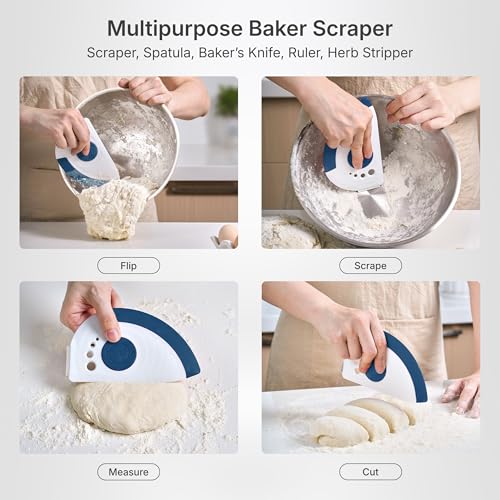 blue 5-in-1 flexible dough and bowl scraper with stainless-steel edge and integrated ruler