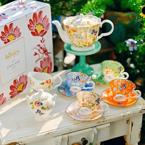 Fine Bone China Tea Sets For Adults Porcelain Tea Set European Wedding Floral Teapot Cup Saucer Spoon for Women Gift (11 Count)