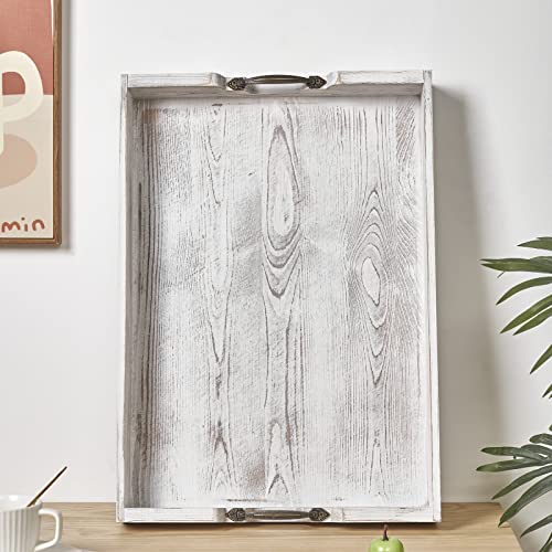 Large Wood Rectangular Serving Tray 20 x 14 Inch Rustic Wooden Ottoman Tray with Metal Handle and Wrapped Corners