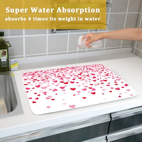 Valentine's Day Dish Drying Mat for Kitchen Counter Love Heart Kitchen Dish Drying Pad 18”x24” Absorbent Reversible Happy Valentine Dishes Drainer Pad Dish Drying Rack Mat for Countertop
