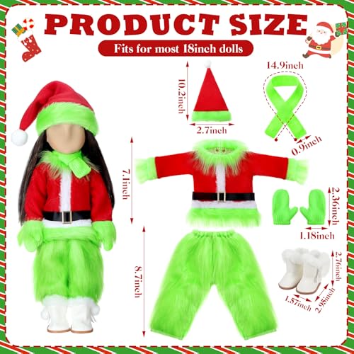 8 Pcs 18 Inch Christmas Doll Clothes and Accessories Lime Green Winter Outfits Set Sweaters Trousers Hats Shoes for 18 Inch Doll Gifts (8 Count)