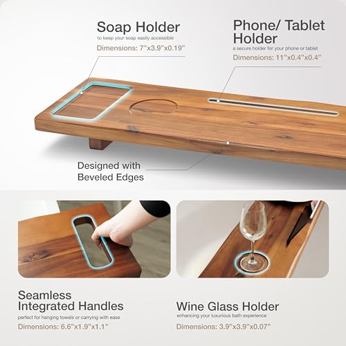 39" L Acacia Wood Bathtub Tray with Adjustable Width & Phone Slots