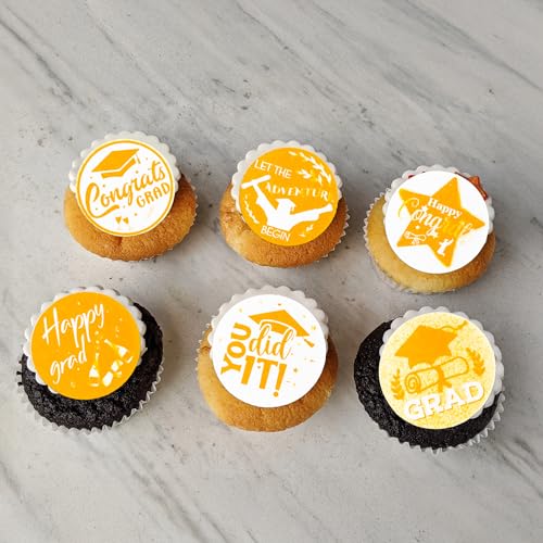 48Pcs 2026 Graduation Cupcake Toppers Wafer Paper Class of 2026 Cake Decorations Edible Congrats Grad Cupcake Picks for 2026 Graduation Theme Party Cake Supplies Gold Orange (48 Count)