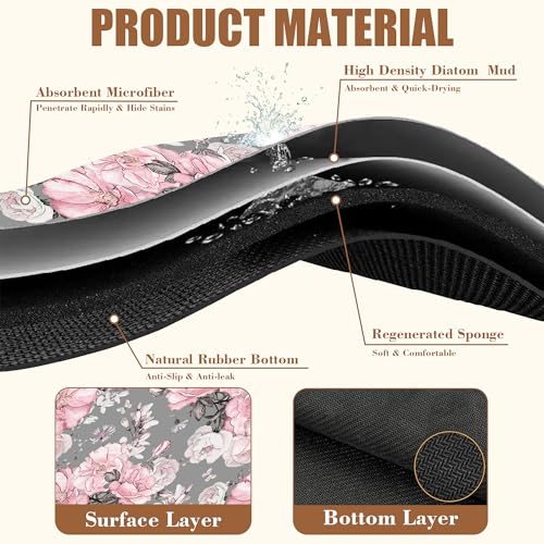 Pink Flowers and Leaves Coffee Mat Absorbent Dish Drying Mat for Kitchen Counter Hide Stain Rubber Backed Coffee Bar Accessories Fit Under Espresso Machine Dish Drainer