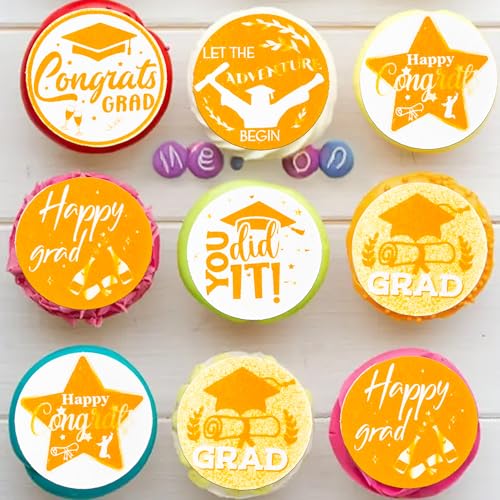 48Pcs 2026 Graduation Cupcake Toppers Wafer Paper Class of 2026 Cake Decorations Edible Congrats Grad Cupcake Picks for 2026 Graduation Theme Party Cake Supplies Gold Orange (48 Count)