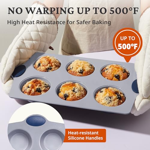 2-Pack 6-Cup Non Toxic Nonstick Ceramic Jumbo Muffin Pan & Cupcake Tin, PFOA & PFOA Free, Rust-Resistant Aluminized Steel, Oven Safe, Blue (2 Count)