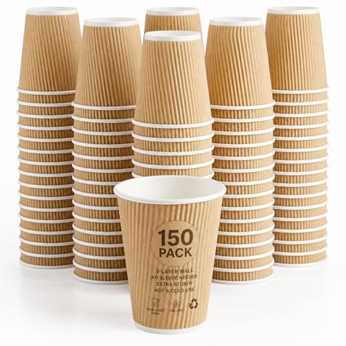 150 10 oz Ripple Kraft Paper Cups Brown Hot Cold Cups 3 Layer Rippled Small Insulated Disposable Coffee Cups for Cappuccino Hot Cocoa or Iced Drinks (150 Count)