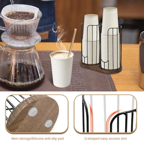 2 Compartment 18oz Coffee Cup Dispenser Rack with Wood Base