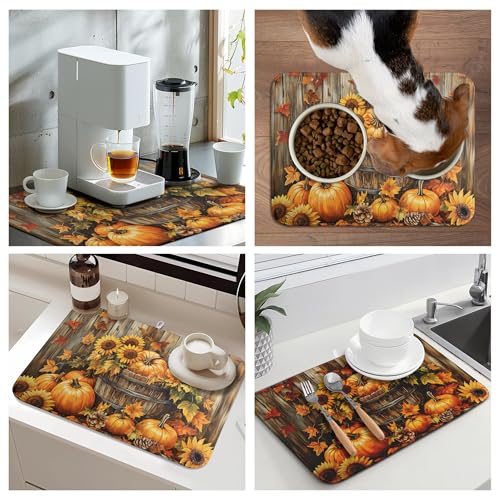 Fall Pumpkin Dish Drying Mat Autumn Maple Leaves Thanksgiving Large Kitchen Mats Dish Drying Pad Absorbent Dish Dryer Mat for Kitchen Countertops Microfiber Drainer Pad Dish Drying Mats